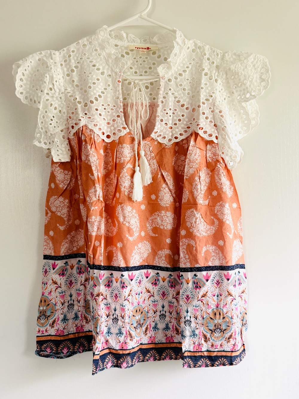Mazik White Eyelet-Collar Orange Paisley Border-Print Blouse Plus Reg Size